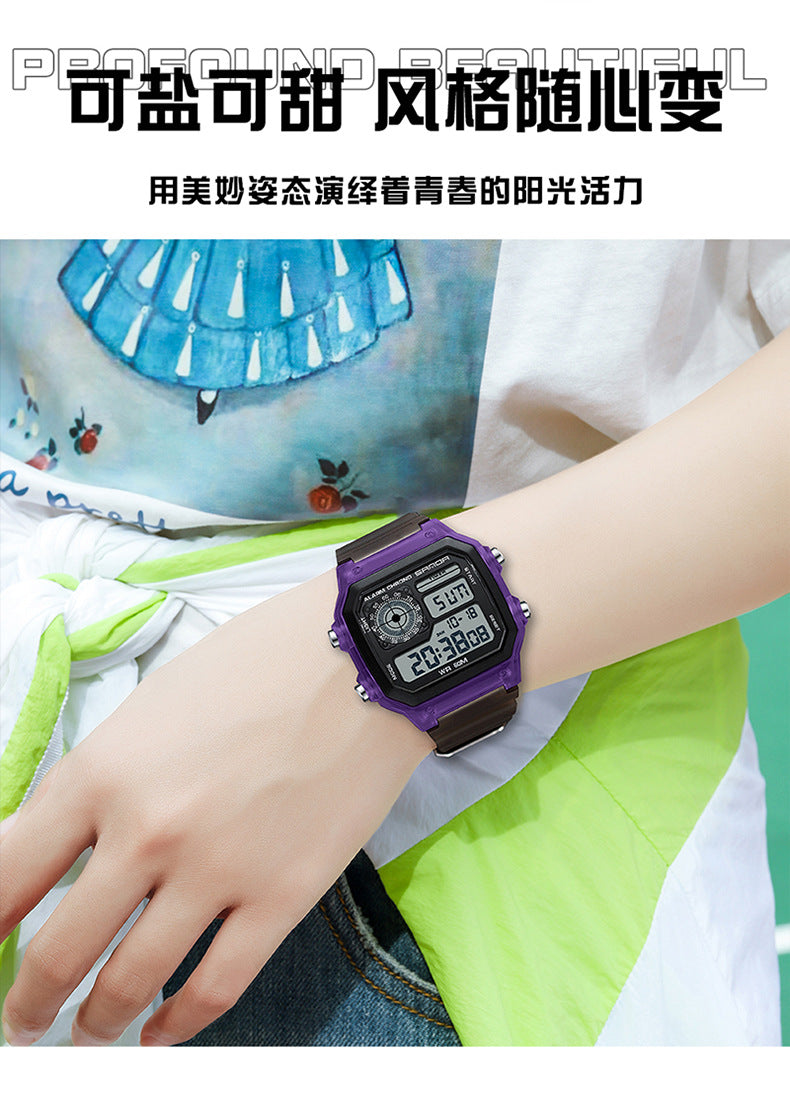 Sanda Hot-selling Square Watch Luminous Waterproof Alarm Student Watch Simple Korean Transparent Sports Electronic Watch