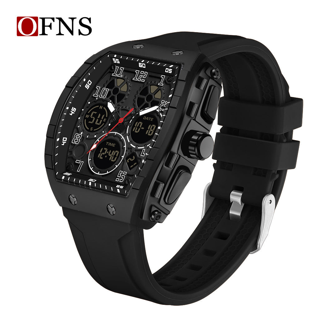 Ofns Fashion Watch Sports Waterproof Watch Barrel-Shaped Multi-Function Luminous Dual-Time Student Digital Watch