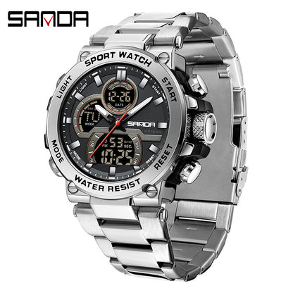 Sanda foreign trade best selling electronic watch fashion business steel band luminous wrist watch multi-functional dual display men's watch wholesale