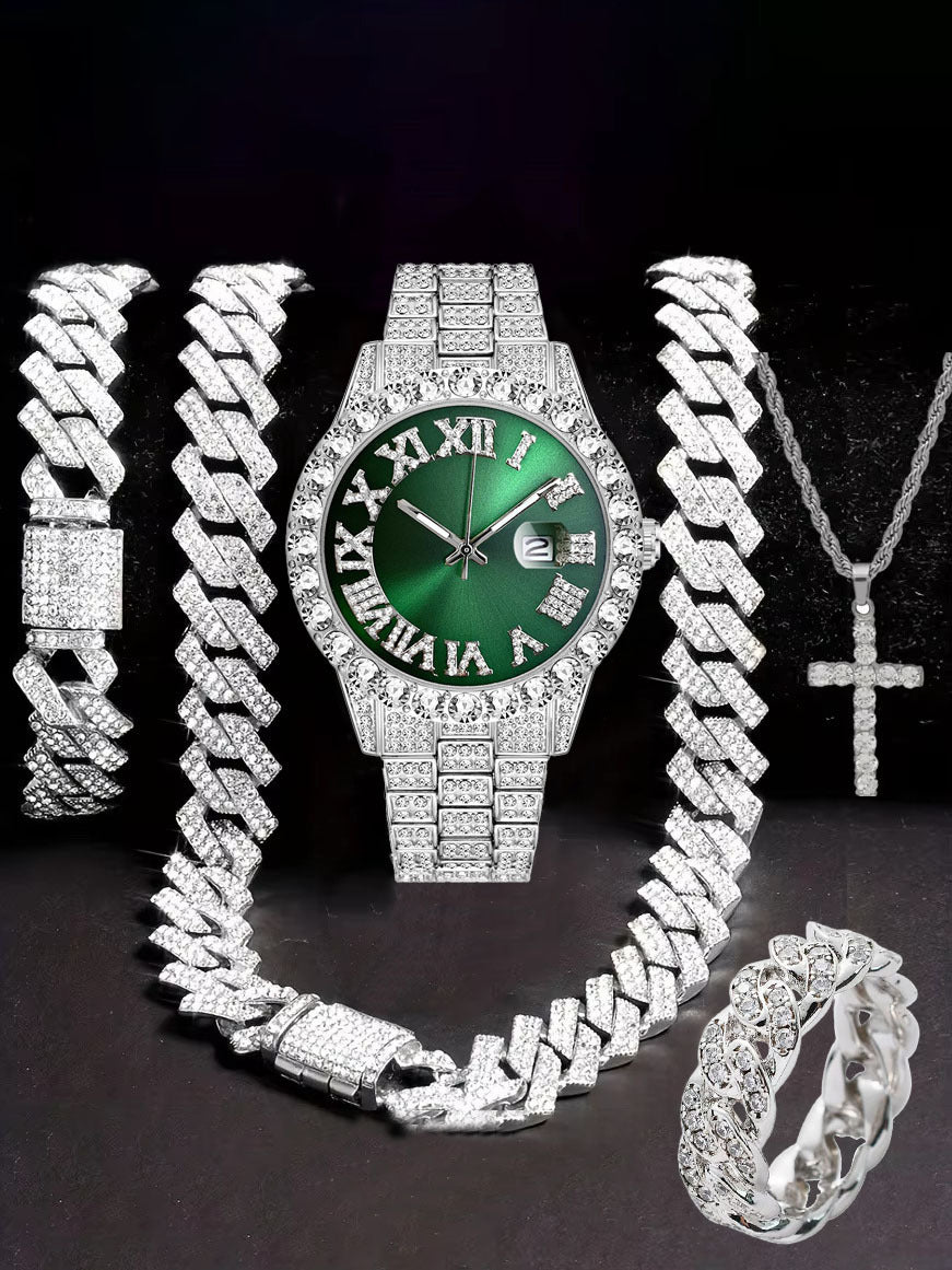 Hiphop Hip Hop Diamond Watch Five-Piece Diamond Cuban Chain Cross Necklace Cuban Ring Cross Border Wholesale