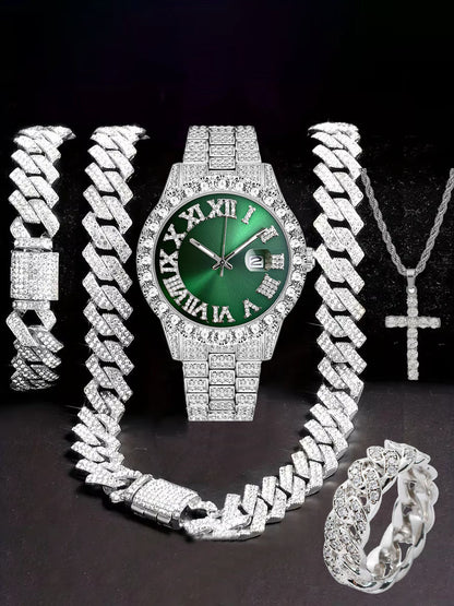 Hiphop Hip Hop Diamond Watch Five-Piece Diamond Cuban Chain Cross Necklace Cuban Ring Cross Border Wholesale