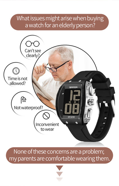 Sanda Elderly Voice Time Watch Large Digital Screen Luminous Multi-Function Watch Waterproof Calendar Digital Watch