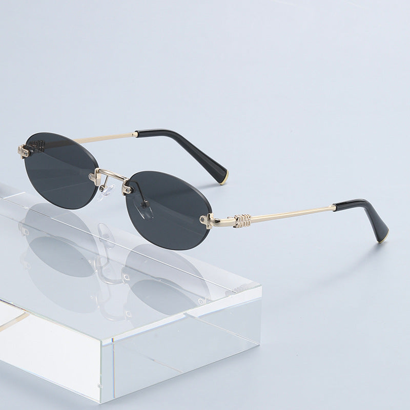 2026 New Oval Rimless Sunglasses European and American Retro Sunglasses Trendy Concave Shape Fashion Street Style Sunglasses
