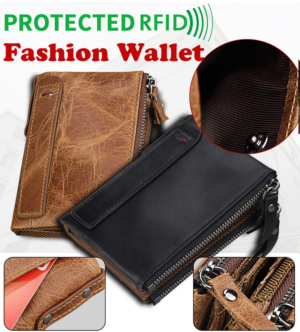 Crazy Horse Cowhide Men's Wallet RFID Anti-theft Brush Cowhide Short Men's Ticket Clip Wallet Double Zipper Coin Purse