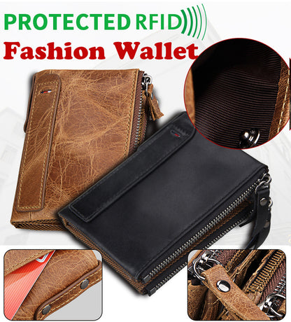 Crazy Horse Cowhide Men's Wallet RFID Anti-theft Brush Cowhide Short Men's Ticket Clip Wallet Double Zipper Coin Purse