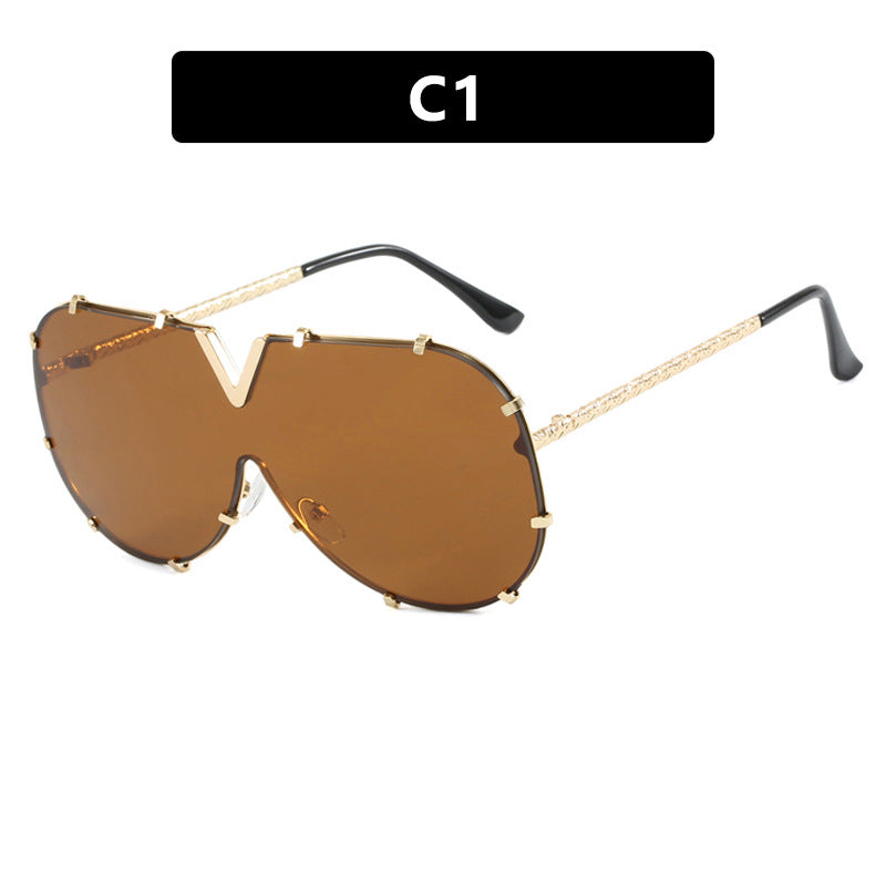 Fashion Metal One-Piece Sunglasses 2024 New Cross-Border European and American V Large Frame Sunglasses Ins Internet Celebrity Sunglasses