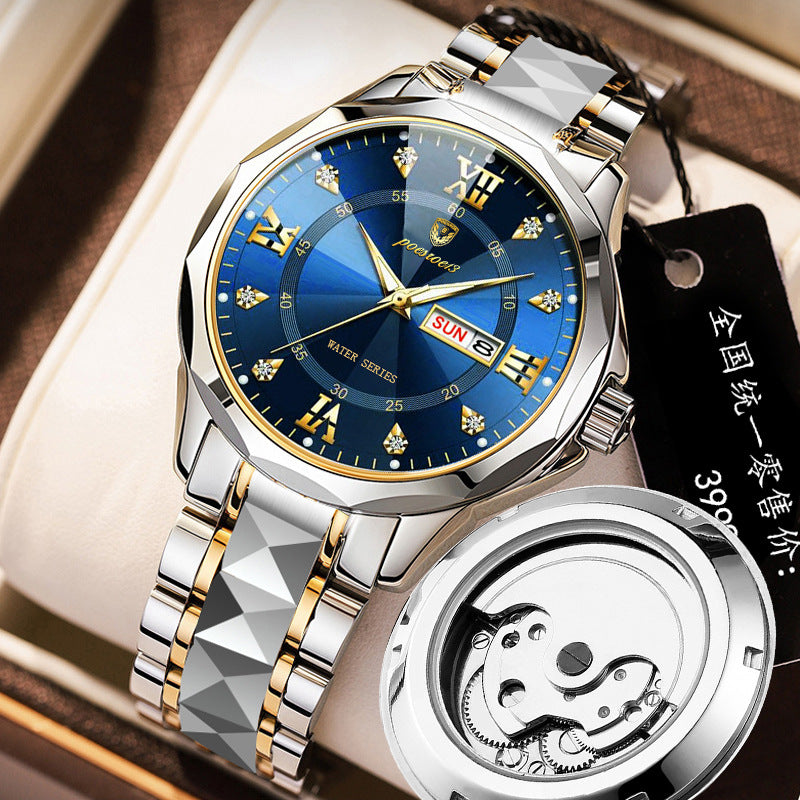 FOURRON brand imitation mechanical hollow-out transparent men's watch butterfly buckle steel belt luminous waterproof calendar Diamond