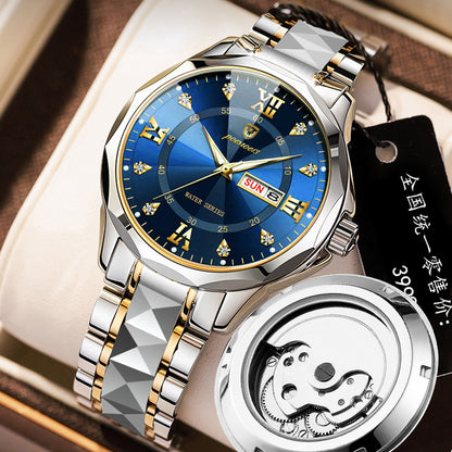 FOURRON brand imitation mechanical hollow-out transparent men's watch butterfly buckle steel belt luminous waterproof calendar Diamond