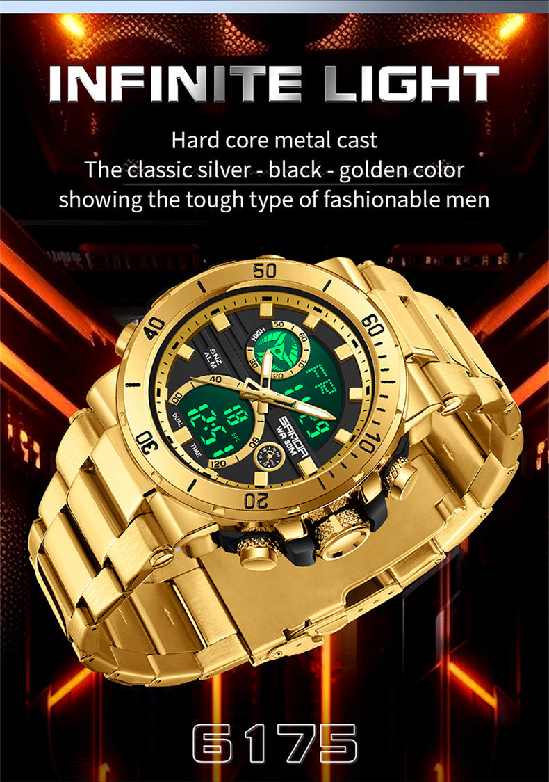 Sanda foreign trade best selling electronic watch fashion business steel band luminous wrist watch multi-functional dual display men's watch wholesale