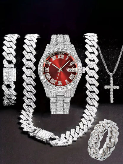 Hiphop Hip Hop Diamond Watch Five-Piece Diamond Cuban Chain Cross Necklace Cuban Ring Cross Border Wholesale