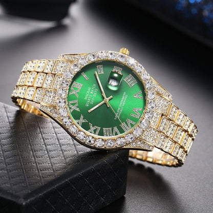 [Bross-Border Hot Item] 16-Piece Set of Various Diamond-Encrusted Watches, Diamond-Shaped Cuban Bracelets and Necklaces, Three-Piece Set