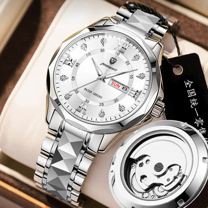 FOURRON brand imitation mechanical hollow-out transparent men's watch butterfly buckle steel belt luminous waterproof calendar Diamond