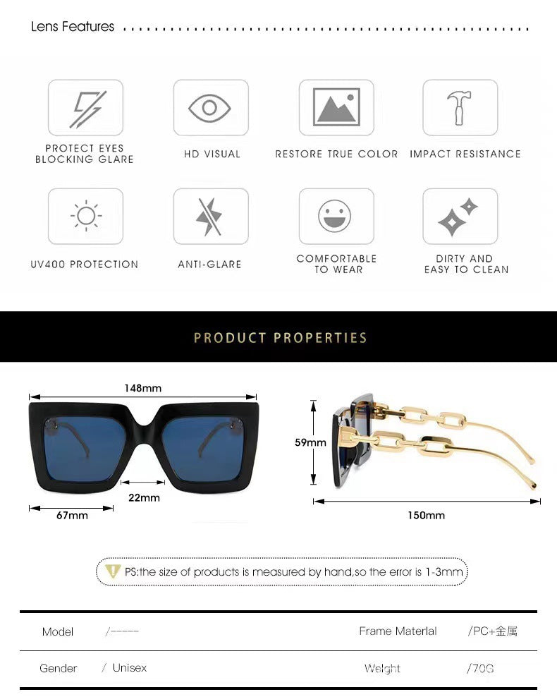 New Cross-Border Chain Anti-Uv Sunglasses European and American Fashion Square Frame Women's High-End Sun Light Luxury Style Square