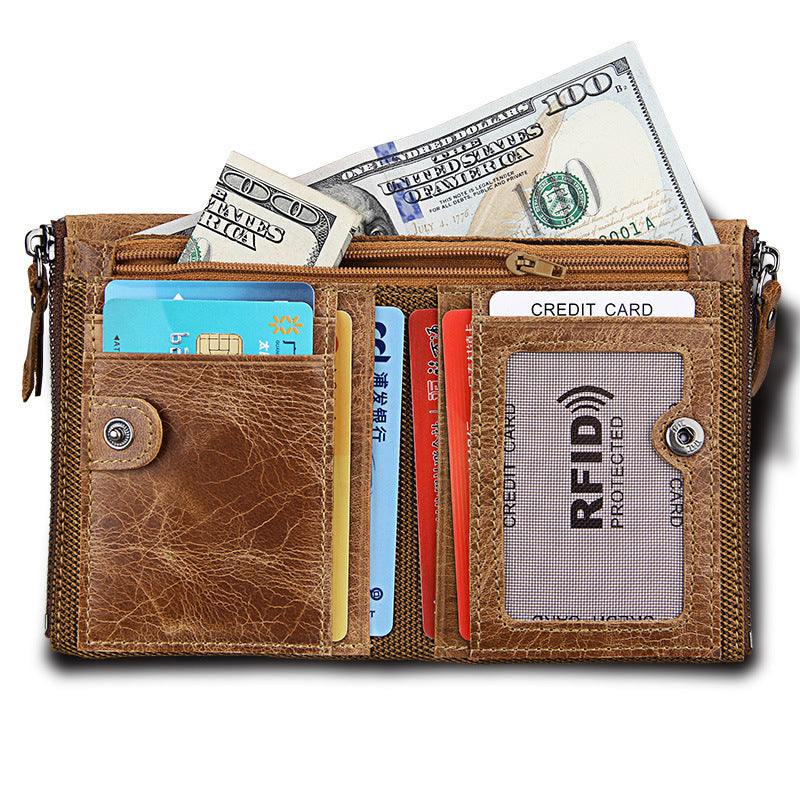 Crazy Horse Cowhide Men's Wallet RFID Anti-theft Brush Cowhide Short Men's Ticket Clip Wallet Double Zipper Coin Purse