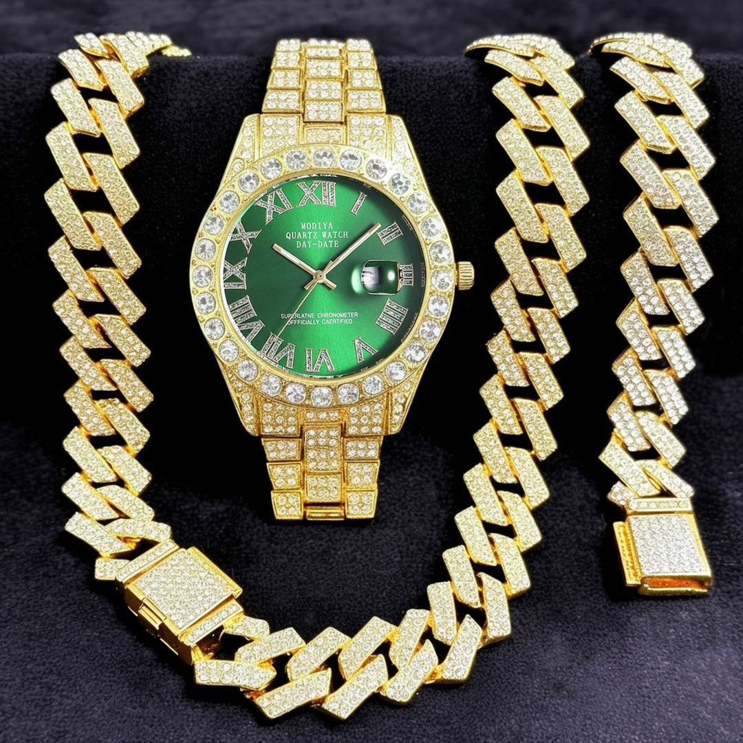 [Bross-Border Hot Item] 16-Piece Set of Various Diamond-Encrusted Watches, Diamond-Shaped Cuban Bracelets and Necklaces, Three-Piece Set