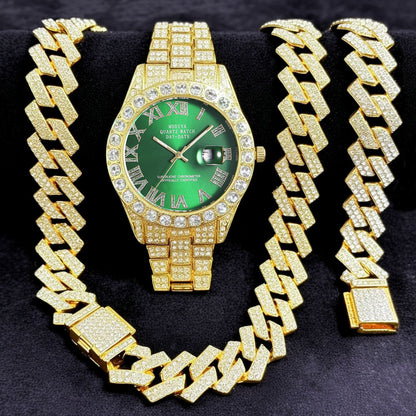 [Bross-Border Hot Item] 16-Piece Set of Various Diamond-Encrusted Watches, Diamond-Shaped Cuban Bracelets and Necklaces, Three-Piece Set
