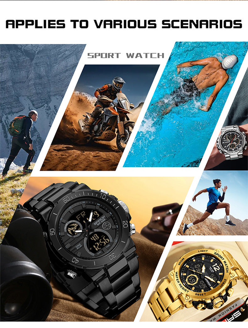 Sanda foreign trade best selling electronic watch fashion business steel band luminous wrist watch multi-functional dual display men's watch wholesale
