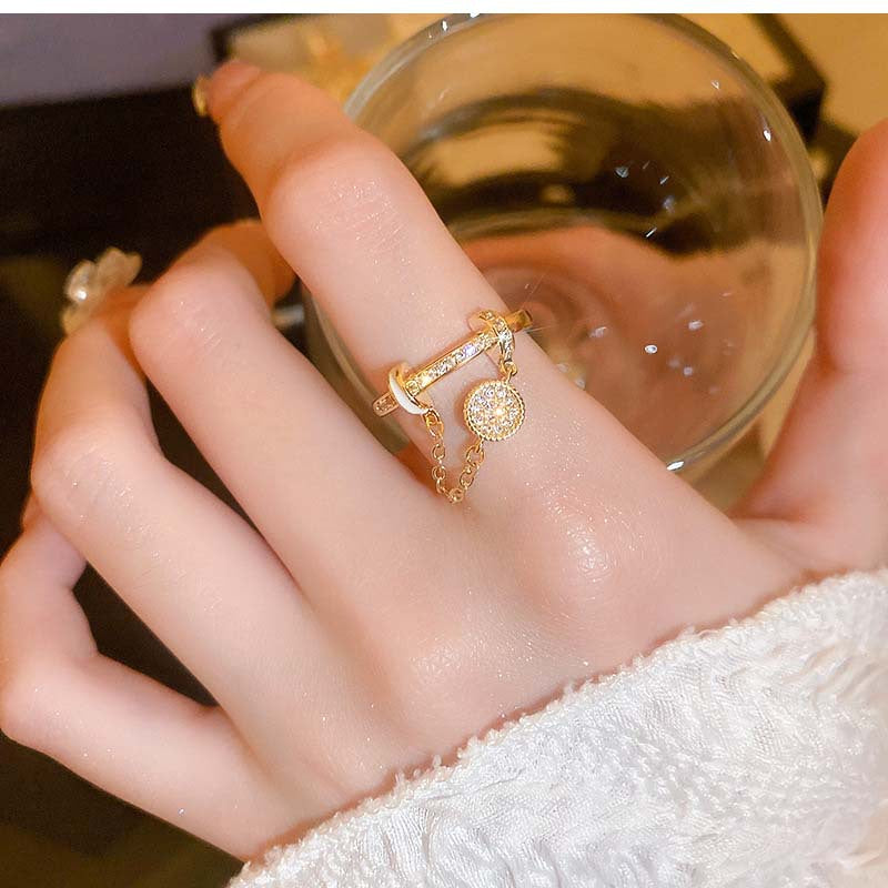 Zircon Diamond Round Chain Tassel Real Gold-plated Ring Niche Light Luxury High-end All-match Open Finger Ring
