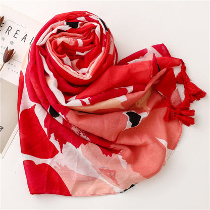 2022 spring and summer scarf women's cross-border foreign trade vintage red cotton linen feel scarf bohemian style long scarf