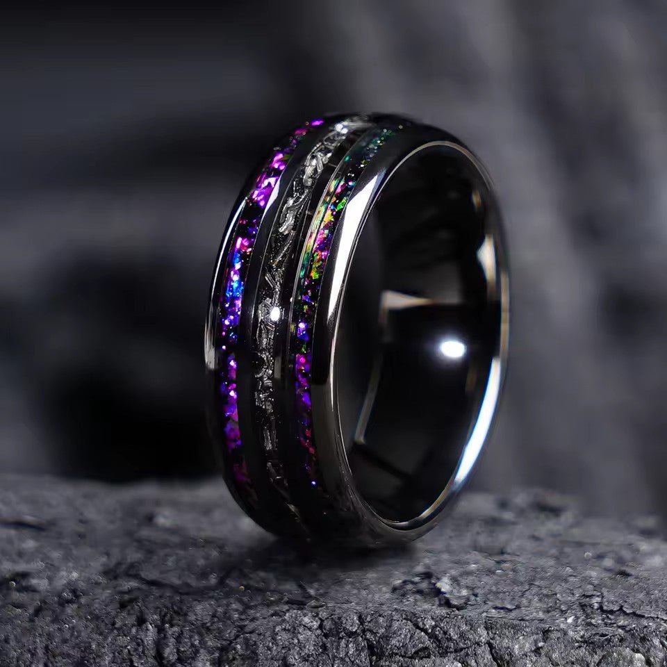 Cross-border explosions stainless steel ring three slot inlaid obsidian high sense of niche ring in stock a batch