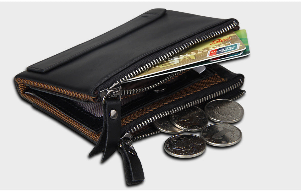 Crazy Horse Cowhide Men's Wallet RFID Anti-theft Brush Cowhide Short Men's Ticket Clip Wallet Double Zipper Coin Purse