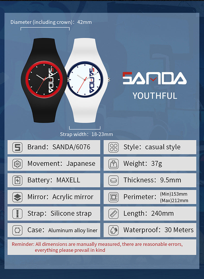 SANDA Outdoor Sports Watch Simple Waterproof Men's and Women's Fashion Quartz Watch Silicone Tape Casual Student Quartz Watch