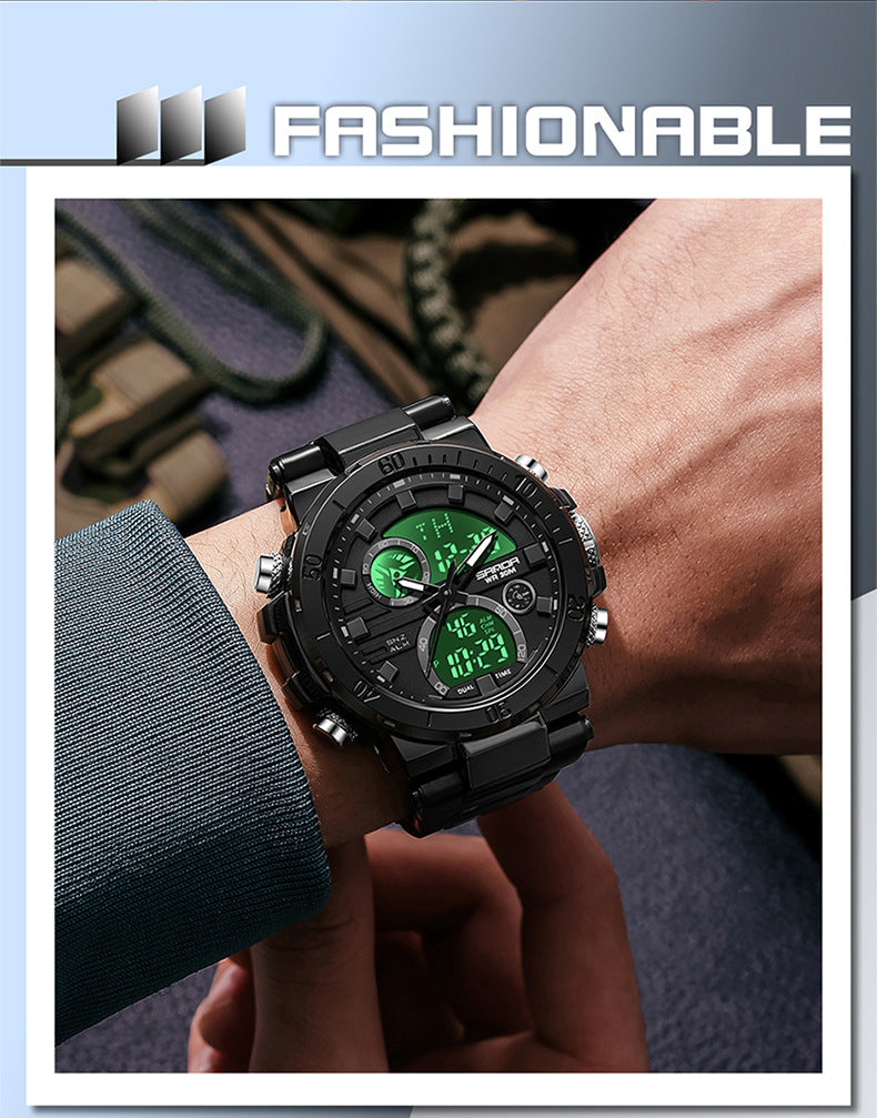 Sanda foreign trade best selling electronic watch fashion business steel band luminous wrist watch multi-functional dual display men's watch wholesale