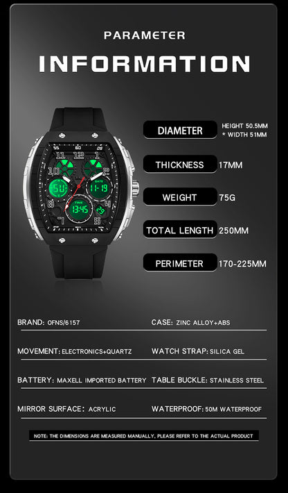 Ofns Fashion Watch Sports Waterproof Watch Barrel-Shaped Multi-Function Luminous Dual-Time Student Digital Watch