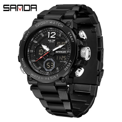 Sanda foreign trade best selling electronic watch fashion business steel band luminous wrist watch multi-functional dual display men's watch wholesale