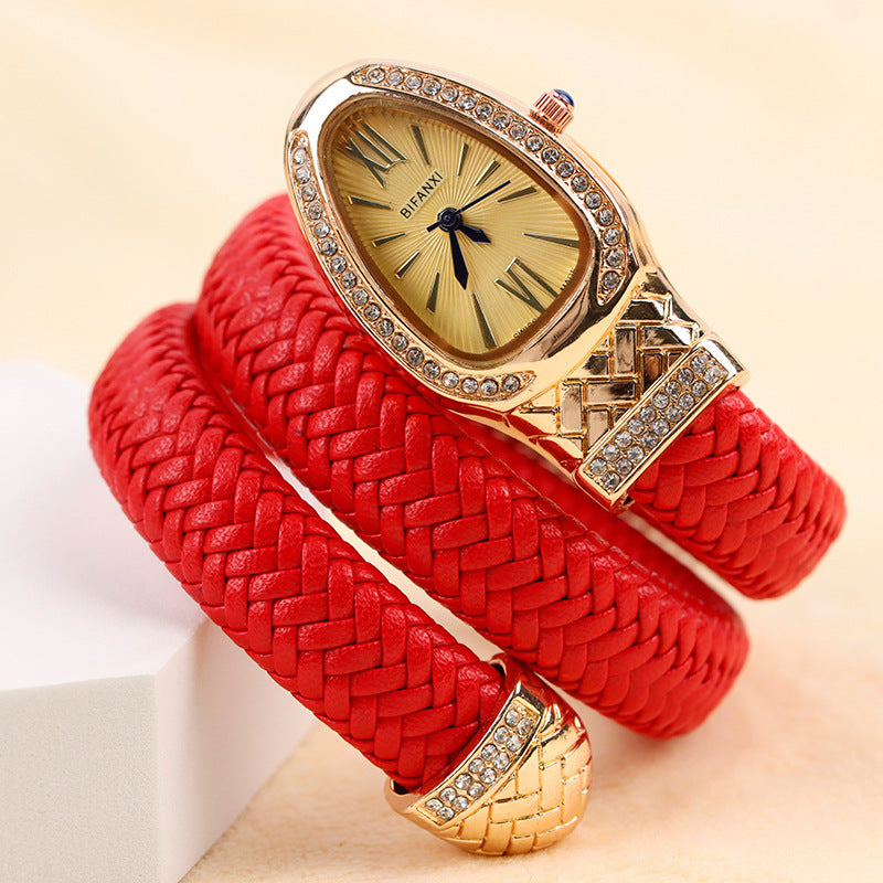 New Cross-Border Snake-Shaped Watch, Fashionable and Creative Personalized Quartz Watch for Women, Diamond-Encrusted Leather Strap Bracelet, Fashionable Watch