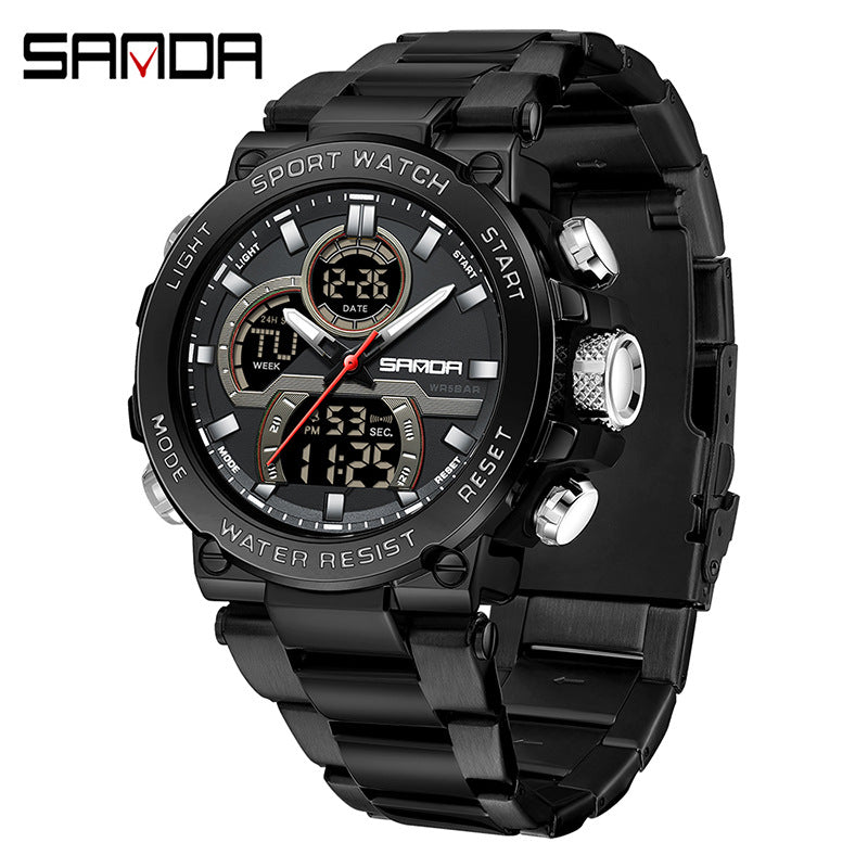 Sanda foreign trade best selling electronic watch fashion business steel band luminous wrist watch multi-functional dual display men's watch wholesale