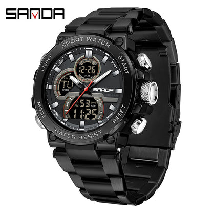 Sanda foreign trade best selling electronic watch fashion business steel band luminous wrist watch multi-functional dual display men's watch wholesale