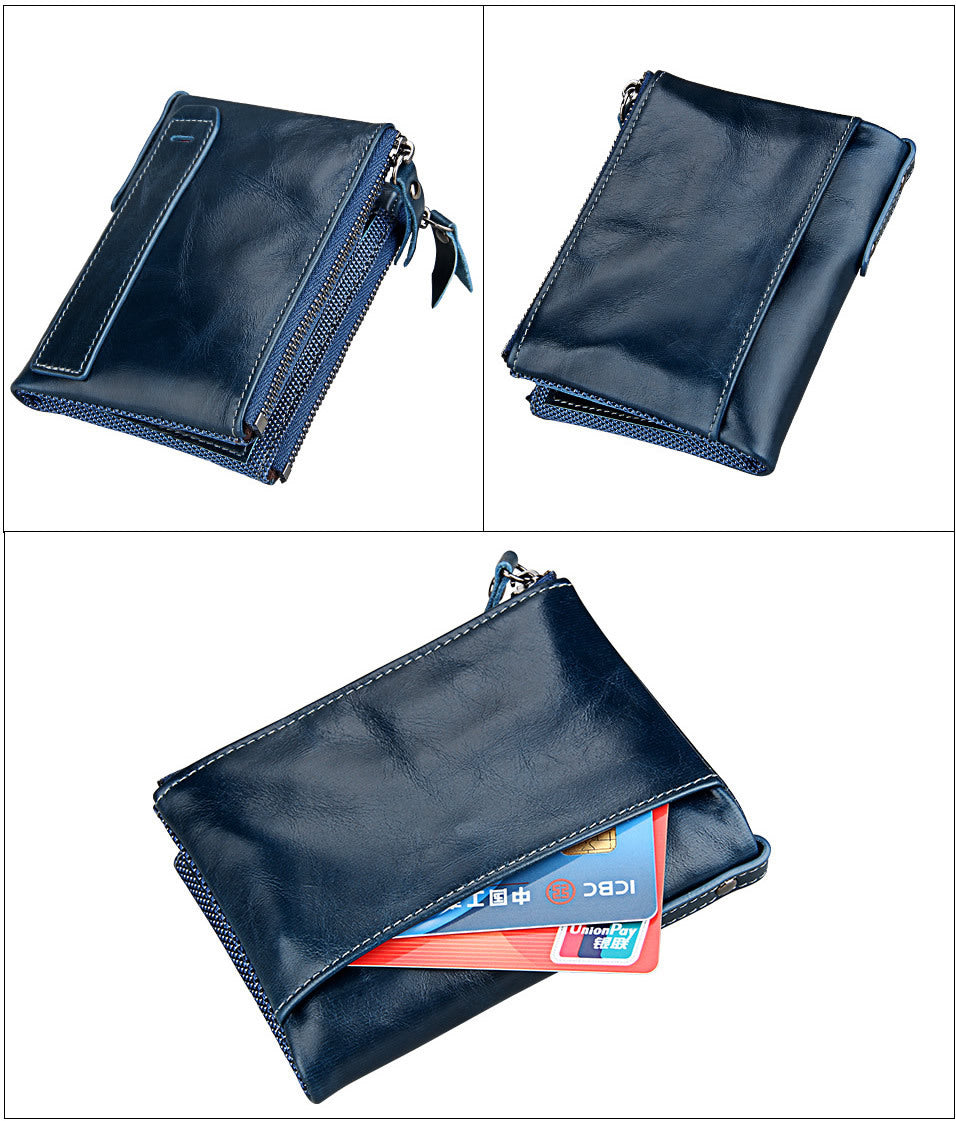 Crazy Horse Cowhide Men's Wallet RFID Anti-theft Brush Cowhide Short Men's Ticket Clip Wallet Double Zipper Coin Purse