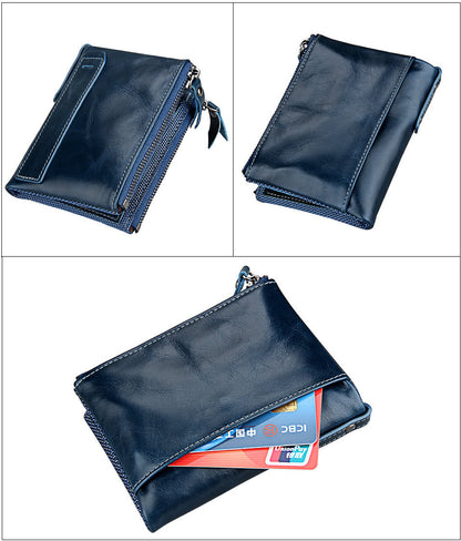 Crazy Horse Cowhide Men's Wallet RFID Anti-theft Brush Cowhide Short Men's Ticket Clip Wallet Double Zipper Coin Purse