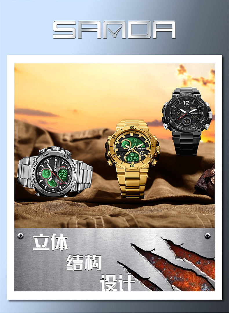 Sanda foreign trade best selling electronic watch fashion business steel band luminous wrist watch multi-functional dual display men's watch wholesale
