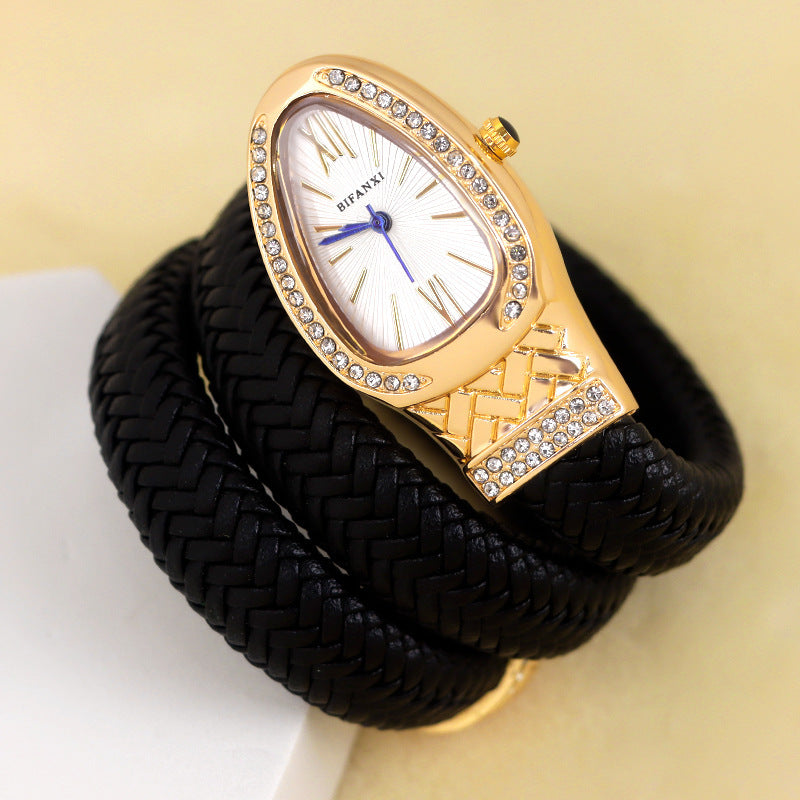 New Cross-Border Snake-Shaped Watch, Fashionable and Creative Personalized Quartz Watch for Women, Diamond-Encrusted Leather Strap Bracelet, Fashionable Watch