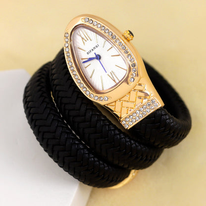 New Cross-Border Snake-Shaped Watch, Fashionable and Creative Personalized Quartz Watch for Women, Diamond-Encrusted Leather Strap Bracelet, Fashionable Watch