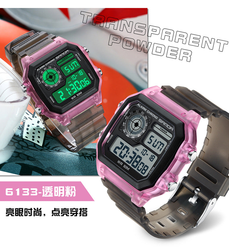Sanda Hot-selling Square Watch Luminous Waterproof Alarm Student Watch Simple Korean Transparent Sports Electronic Watch