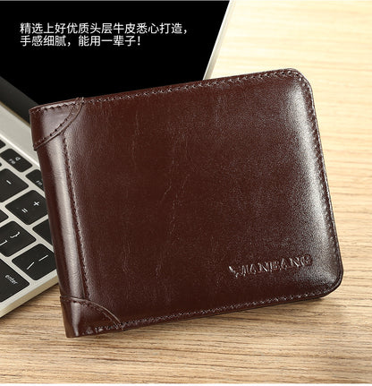 Cross-Border Dropshipping Manbang Men's Wallet Horizontal First-Layer Cowhide Wallet Classic Short 70% off Rifd Anti-Theft Brush