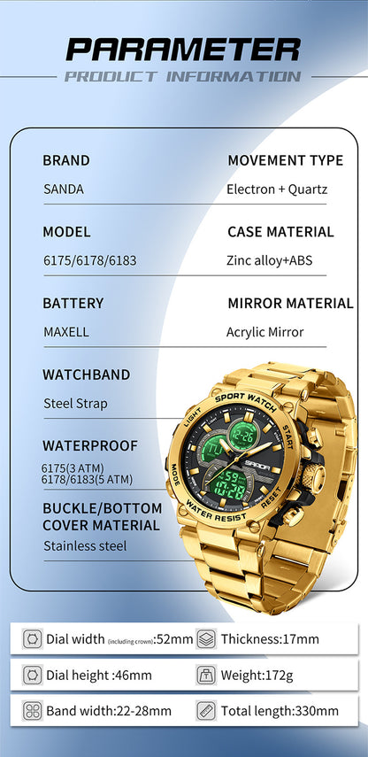 Sanda foreign trade best selling electronic watch fashion business steel band luminous wrist watch multi-functional dual display men's watch wholesale