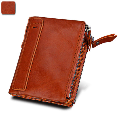 Crazy Horse Cowhide Men's Wallet RFID Anti-theft Brush Cowhide Short Men's Ticket Clip Wallet Double Zipper Coin Purse