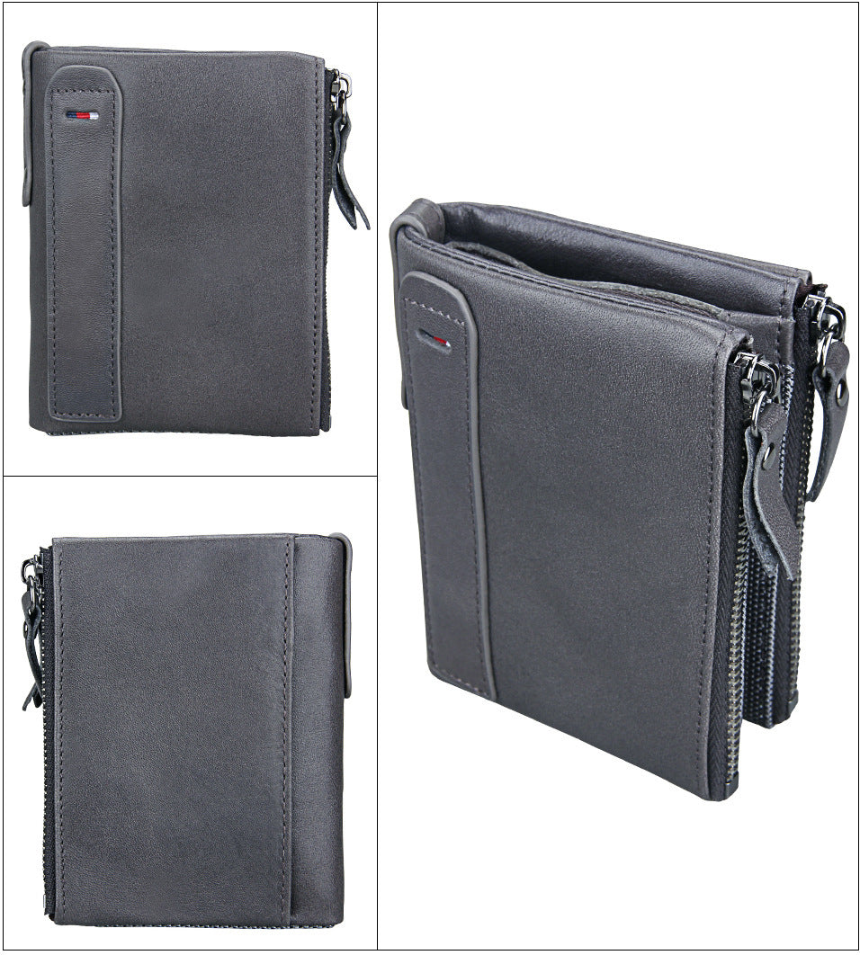 Crazy Horse Cowhide Men's Wallet RFID Anti-theft Brush Cowhide Short Men's Ticket Clip Wallet Double Zipper Coin Purse