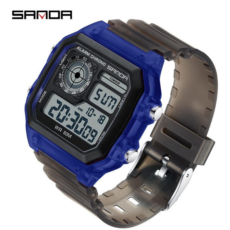 Sanda Hot-selling Square Watch Luminous Waterproof Alarm Student Watch Simple Korean Transparent Sports Electronic Watch