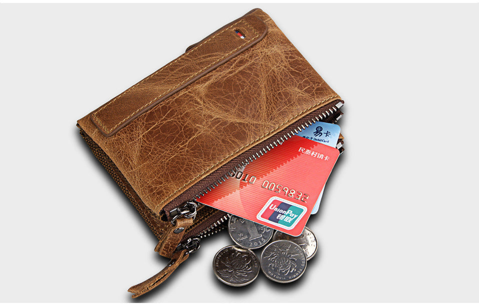 Crazy Horse Cowhide Men's Wallet RFID Anti-theft Brush Cowhide Short Men's Ticket Clip Wallet Double Zipper Coin Purse