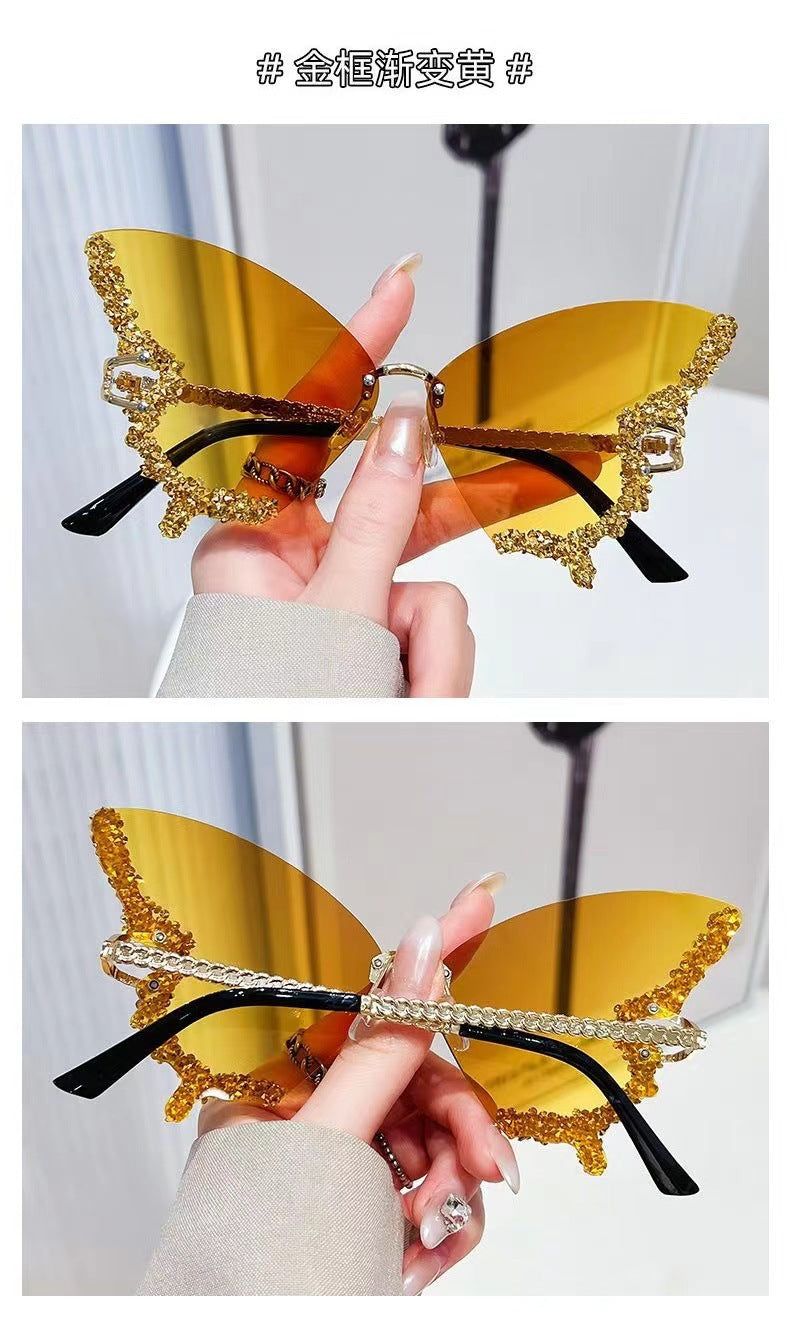Cross-border New Butterfly Shape Diamond Rimless Sunglasses Women's Fashion Personality Exaggerated Sunglasses European and American Internet Red Broken Diamond