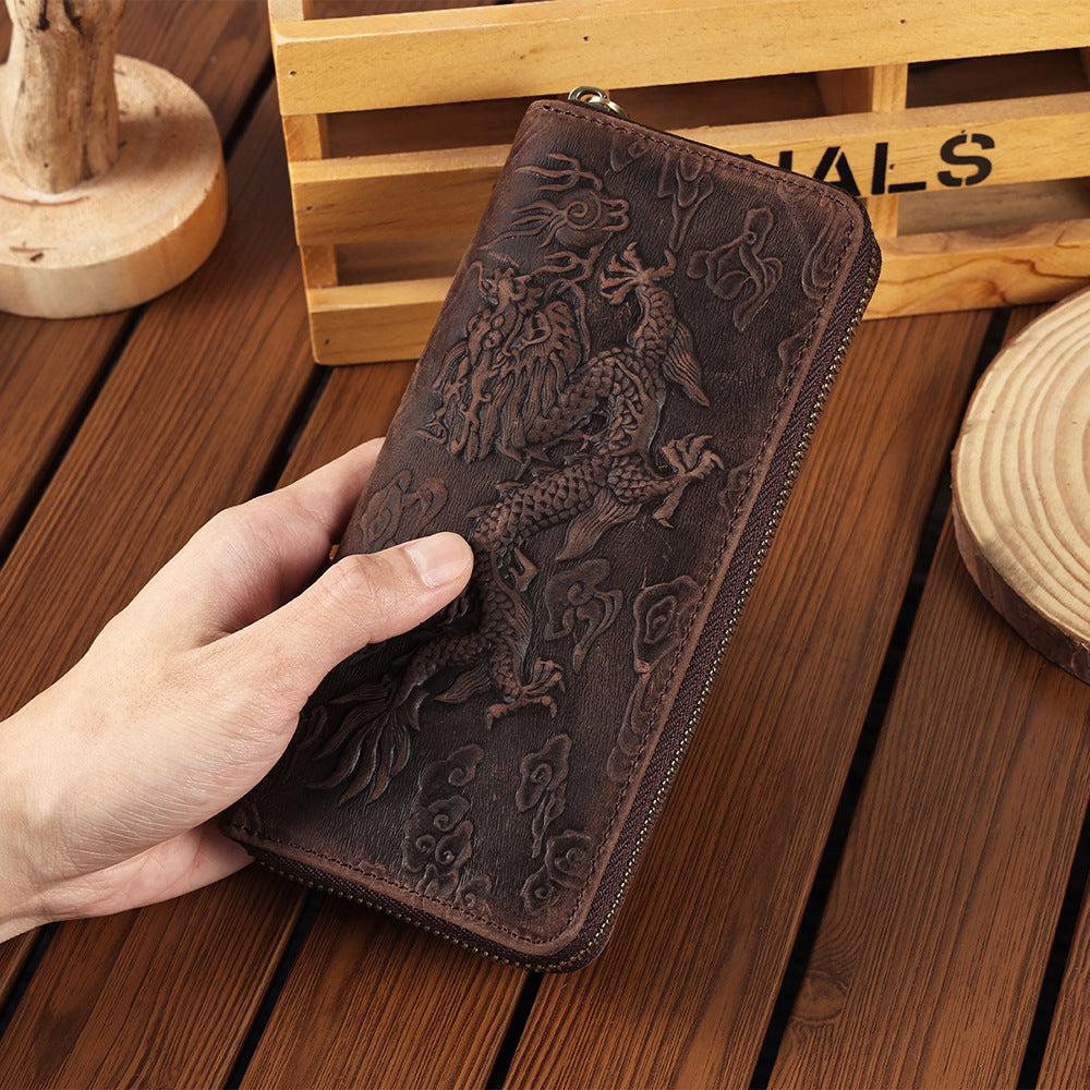 Crazy Horse Leather National Trend Long Wallet Men's Large Capacity Zipper Clutch Genuine Leather Retro Style Men's Wallet Card Holder