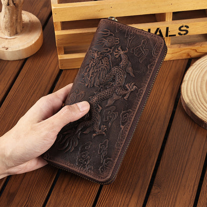 Crazy Horse Leather National Trend Long Wallet Men's Large Capacity Zipper Clutch Genuine Leather Retro Style Men's Wallet Card Holder