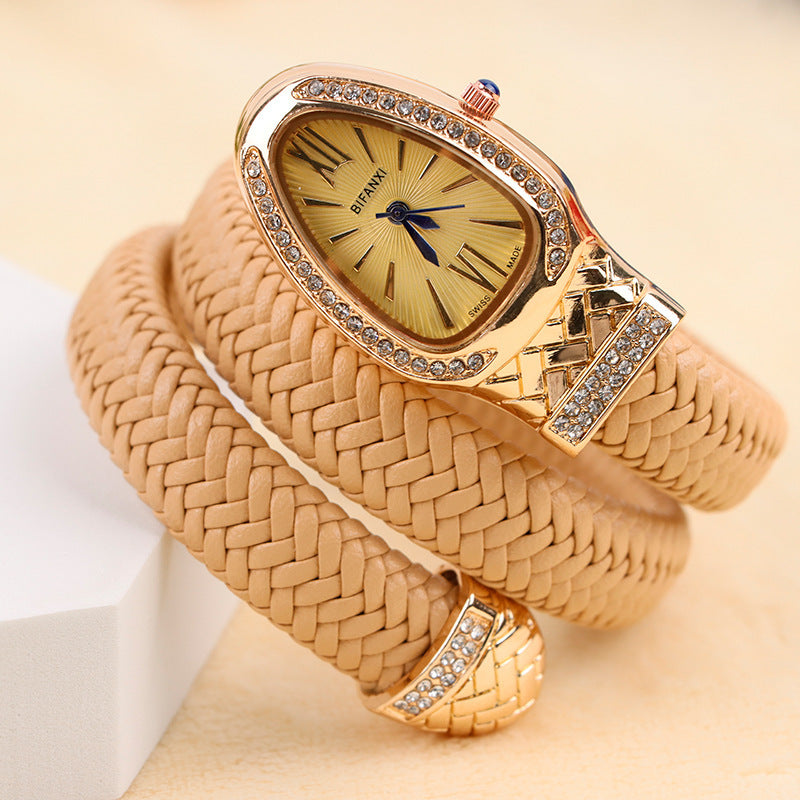 New Cross-Border Snake-Shaped Watch, Fashionable and Creative Personalized Quartz Watch for Women, Diamond-Encrusted Leather Strap Bracelet, Fashionable Watch