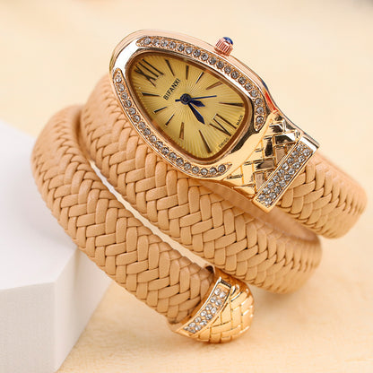 New Cross-Border Snake-Shaped Watch, Fashionable and Creative Personalized Quartz Watch for Women, Diamond-Encrusted Leather Strap Bracelet, Fashionable Watch