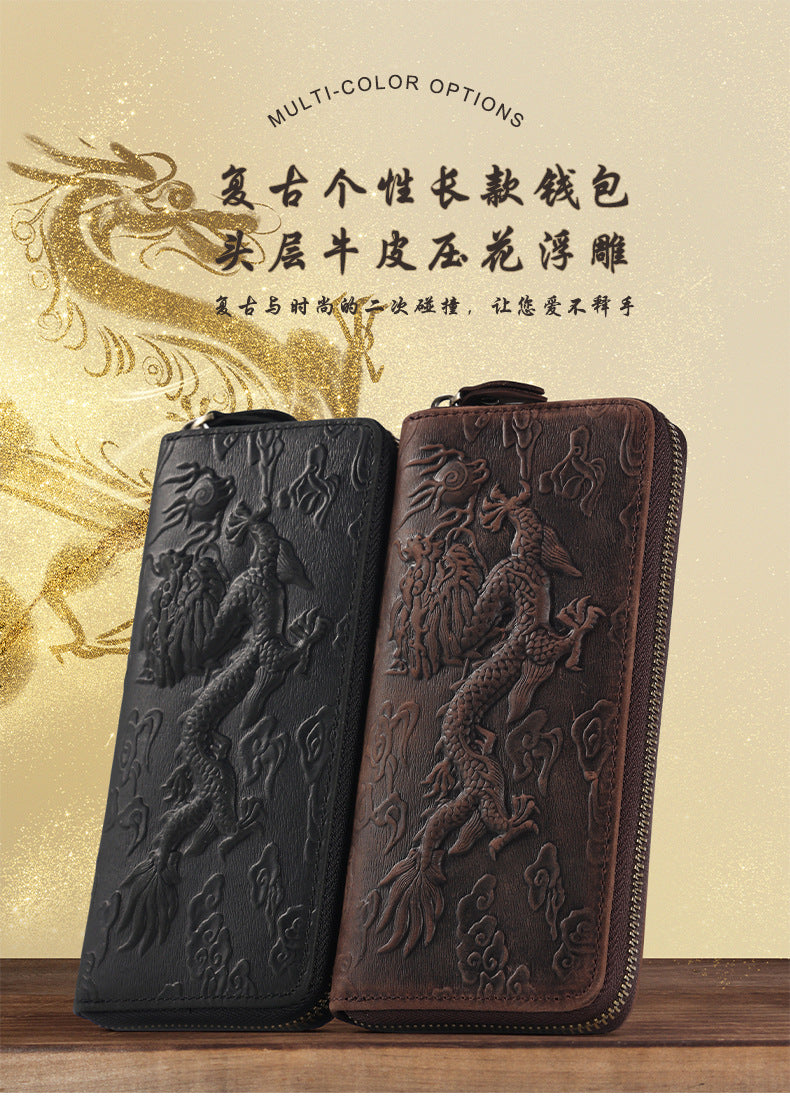 Crazy Horse Leather National Trend Long Wallet Men's Large Capacity Zipper Clutch Genuine Leather Retro Style Men's Wallet Card Holder